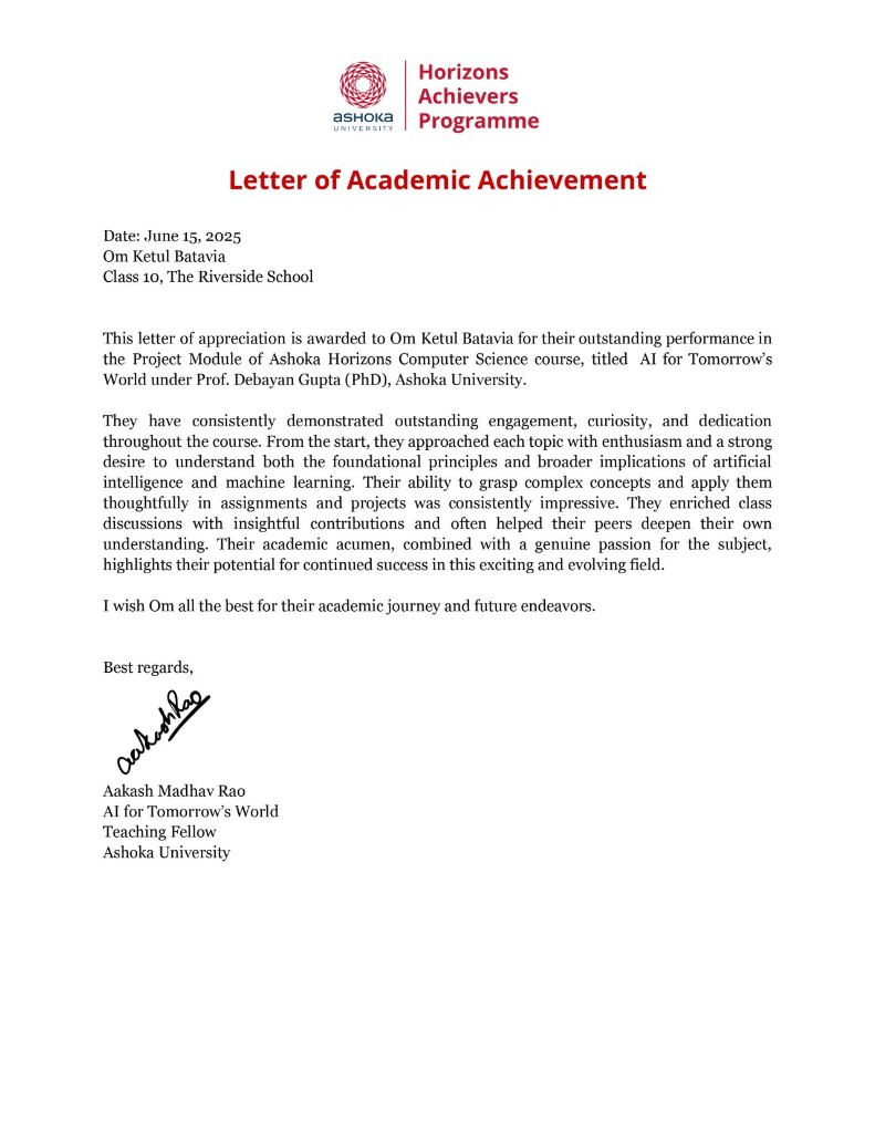 Letter of Academic Achievement